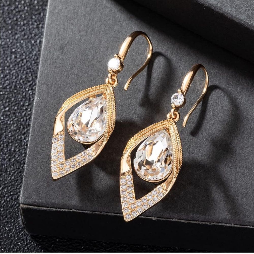 14K Yellow Gold with White Diamond Austrian Crystal Halo Leaf Teardrop Earrings - Picture 3 of 7